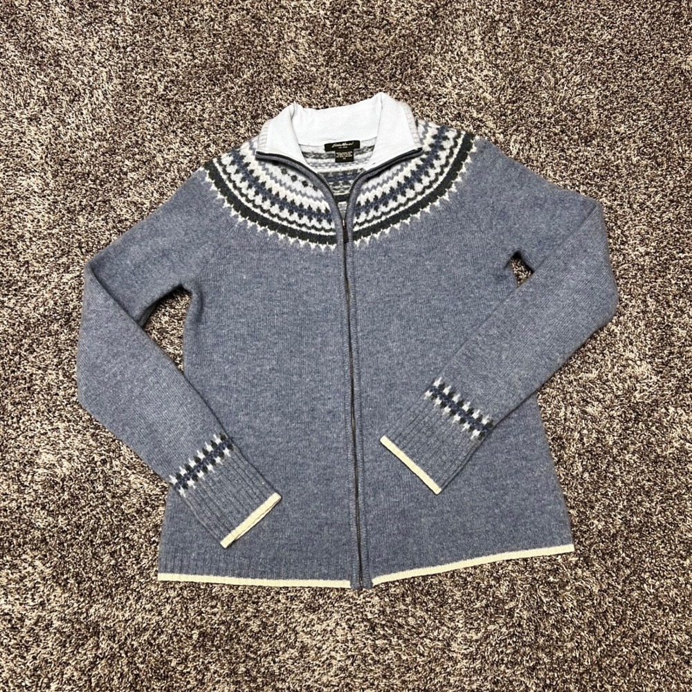 Eddie Bauer 100% Lambswool Fair Isle Nordic Zip Cardigan Sweater M Vintage